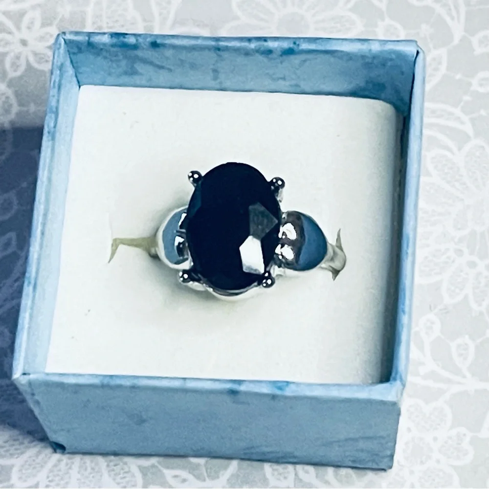 New Black Agate Polished Silver Handmade Oval Cut Heart Gemstone Ring